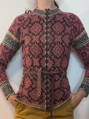 Icelandic Designs Wool blend Pink & Brown Patterned Women's Cardigan with Belt